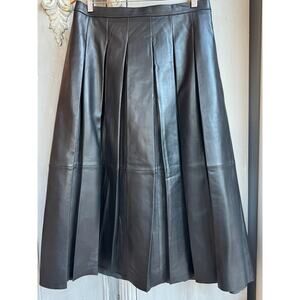 Nordstrom Black Leather Box Pleated High Waist A-line Midi Skirt Size Large NWOT